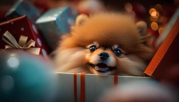 poméranien chiot niché au milieu de un abondance de Noël présente ai généré photo