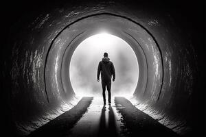 homme à le fin de le lumière de le tunnel ai généré photo