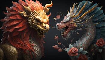 magnifique chinois dragon et Lion Danse avec effrayant Les figures ai généré photo