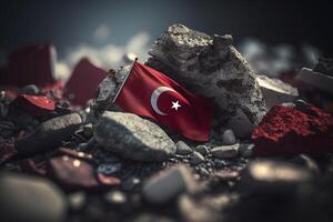 turc drapeau au milieu de tremblement de terre décombres - symbole de résistance et unité ai généré photo