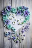 en forme de coeur bleu fleurs sur lumière en bois Contexte ai généré photo