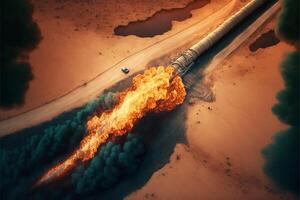 aérien vue de une dévastateur pipeline explosion dans le cœur de le désert ai généré photo