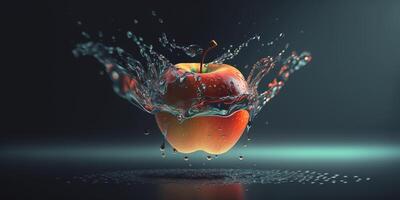 un Pomme chute dans l'eau - numérique illustration avec une Célibataire fruit ai généré photo