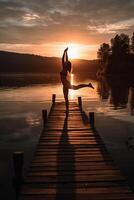 sérénité dans mouvement femme engageant dans le coucher du soleil yoga sur Lac jetée ai généré photo