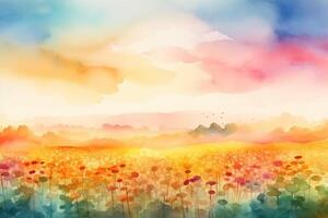 été fleurit une pastel aquarelle La peinture de une fleuri Prairie ai généré photo