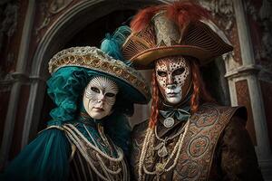 célébrer carnaval dans Venise gens dans de fête masques et costumes ai généré photo