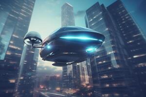 horizon croiseur futuriste ville exploration avec propulsé par l'IA en volant voitures ai généré photo