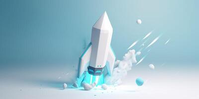 symbolique 3d le rendu de blanc fusée modèle contre bleu Contexte pour Commencez concepts ai généré photo