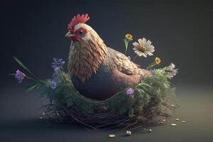 une poulet repos dans une nid fabriqué de fleurs ai généré photo