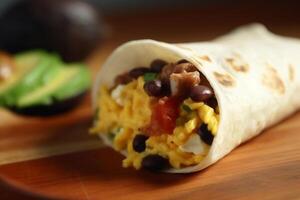 copieux petit déjeuner burrito avec brouillé œufs, légumes, et des haricots ai généré photo