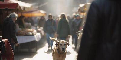 solitaire chien sur une occupé marché recherche pour ses propriétaire ai généré photo