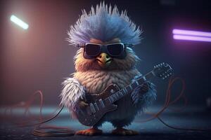 bascule poulet une fou poule avec une guitare en jouant rock star sur étape ai généré photo