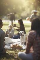 bain de soleil chiot une chiens journée en dehors sur une ensoleillé pique-nique journée ai généré photo