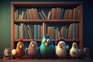 rat de bibliothèque poulets une curieuse troupeau visites le la bibliothèque étagères ai généré photo