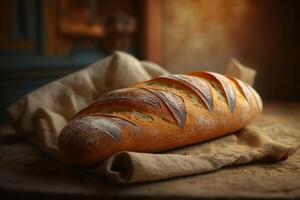 se livrer dans le croustillant et délicieux français baguette dans une rustique réglage ai généré photo