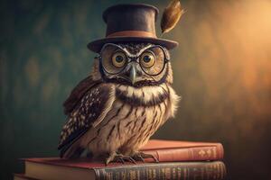 ruse hibou dans une chapeau et des lunettes est assis sur livres ai généré photo