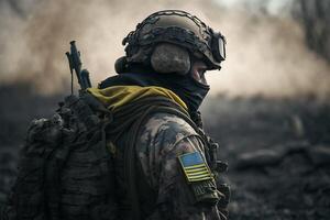 Ukraine soldat dans uniforme de derrière dans zone de guerre ai généré photo