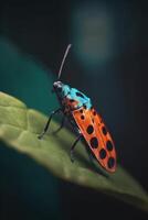 écarlate scarabée sur une vibrant vert feuille dans le forêt tropicale ai généré photo