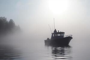 Matin brouillard sur le océan une bateau de pêcheur à lever du soleil ai généré photo