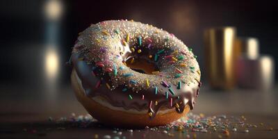 fermer illustration de Célibataire Donut avec bokeh Contexte ai généré photo