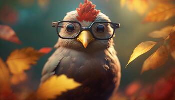 mignonne peu poussin avec des lunettes entouré par coloré l'automne feuilles ai généré photo