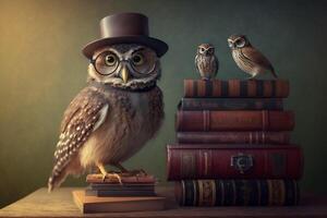 ruse hibou dans une chapeau et des lunettes est assis sur livres ai généré photo