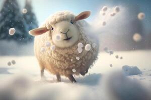 joyeux et mignonne mouton ayant amusement dans le neige pendant une glacial hiver ai généré photo