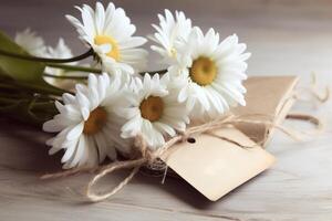 de la mère journée cadeau floral arrangement avec carte sur en bois table dans sépia Ton ai généré photo