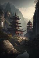 serein beauté une chinois temple niché dans le montagnes ai généré photo