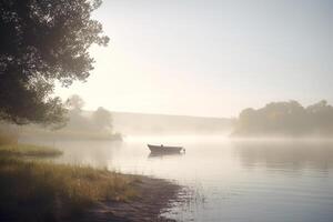 serein solitude une seul canot à rames sur une brumeux Matin Lac ai généré photo