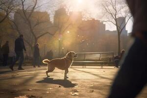 canin récréation chien et propriétaire ciselure Balle dans le parc ai généré photo