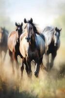 pâturage les chevaux sur une sépia Prairie un aquarelle La peinture ai généré photo