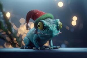 de fête caméléon une photoréaliste dessin animé reptile avec une Père Noël chapeau ai généré photo