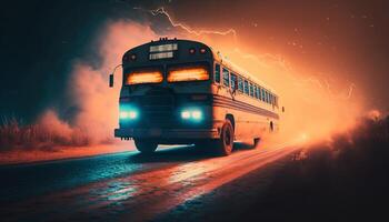 équitation dans le nuit Années 80 école autobus sur une poussiéreux néon route ai généré photo