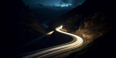 nuit conduire sur une courbée Montagne route avec longue exposition lumière les sentiers ai généré photo