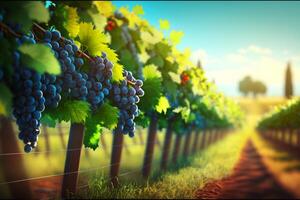 romantique vue de une vignoble avec les raisins et vignes ai généré photo