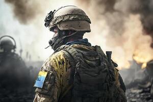 Ukraine soldat dans uniforme de derrière dans zone de guerre ai généré photo