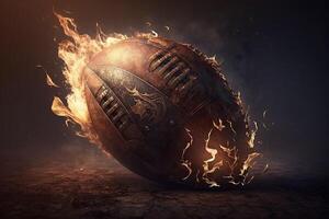 brûlant américain Football dans flammes illustration ai généré photo