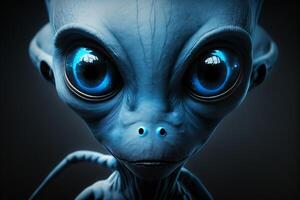 portrait de une bleu extraterrestre avec lisse peau et gros adorable yeux ai généré photo
