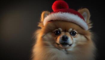 de fête poméranien chiot enfiler une rouge et blanc Père Noël chapeau ai généré photo