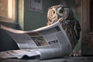 sage hibou captures en haut sur courant événements par en train de lire le journal ai généré photo