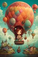 aventureux fille planant dans une chaud air ballon à travers une magique monde ai généré photo