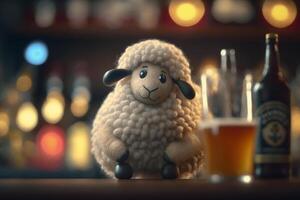 mignonne et hilarant de laine mouton portion comme une barman dans une bar ai généré photo