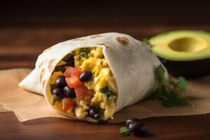 copieux petit déjeuner burrito avec brouillé œufs, légumes, et des haricots ai généré photo