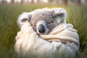 koala se blottit en haut dans une couverture dans une Prairie ai généré contenu photo