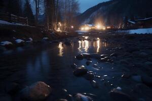 la nuit Montagne courant reflétant ville lumières et galets ai généré photo