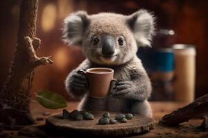 koala en buvant une tasse de café dans le Matin ai généré contenu photo