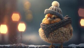 hiver pays des merveilles une marrant poulet dans une écharpe et chapeau dans le neige ai généré photo