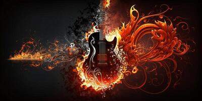 brûlant guitare eith flammes et coloré fumée ai généré photo