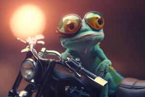 le cool caméléon motard avec des lunettes de protection sur le sien moto ai généré photo